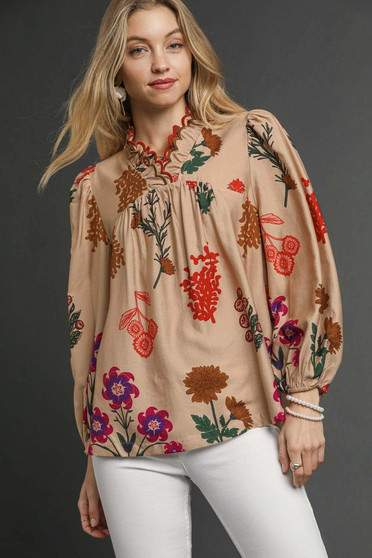 Umgee Flower Print Blouse with Scalloped Neckline