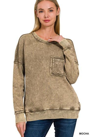 Zenana French Terry Washed Raw Edge Front Pocket Pullover