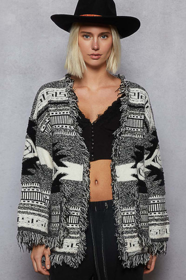 POL Open Front Geometric Print Cardigan with Fringe Detail