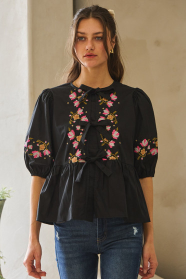 Poplin Front Ribbon Tie Blouse​​