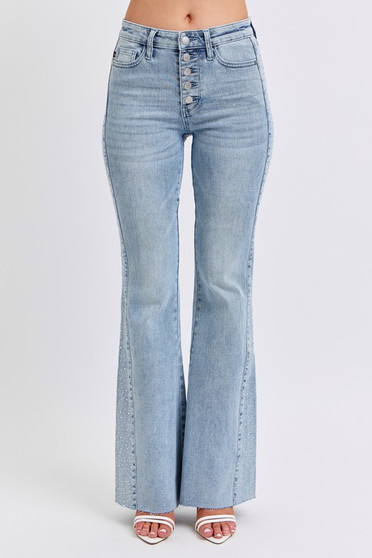 Judy Blue Full Size Mid Rise Rhinestone Side Panel Detail Flare Jeans Plus Size