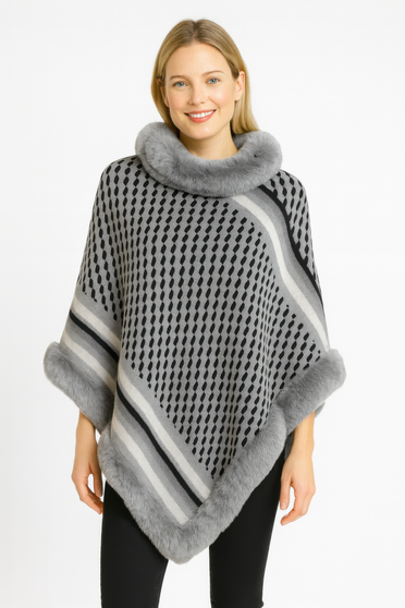 Patterned Knit Poncho With Faux Fur Trim