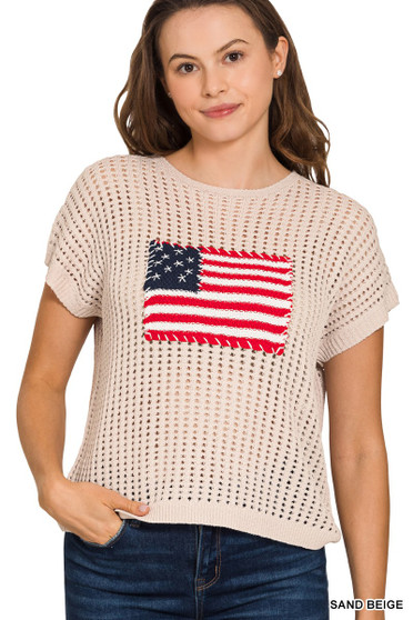 Zenana Viscose American Flag Openwork Knit Top