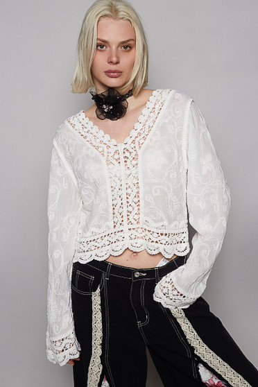 POL Long Sleeve Cropped Crochet Top with Floral Embroidery Detail