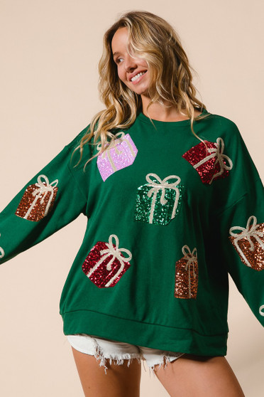 BiBi Sequin Christmas Gift Box Embroideries Pullover