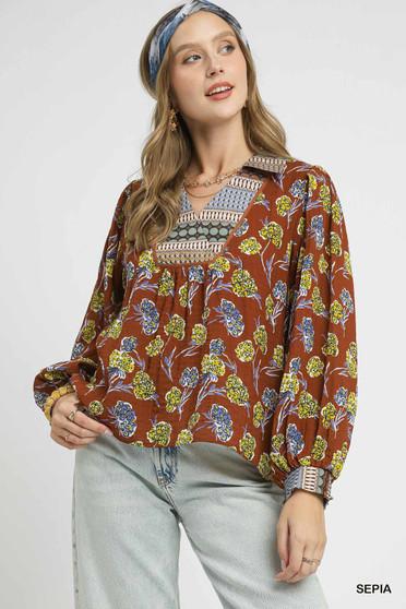 Umgee Floral Print Collar Blouse