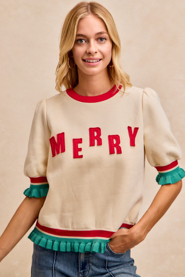BiBi Christmas Merry Letter Patches Contrast Banded Top