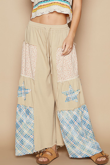 POL Drawstring Star Patch Contrast Wide Leg Pants