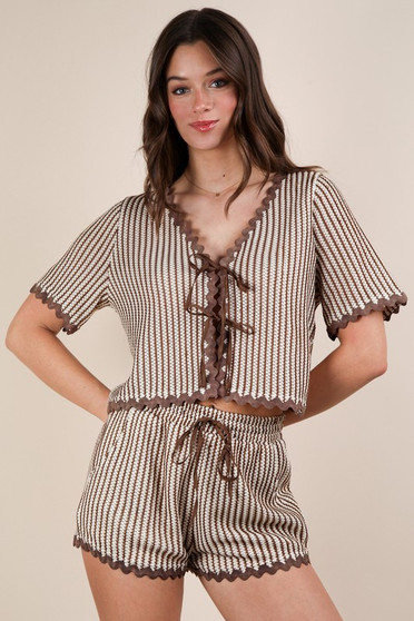 VERY J Wave Trim Detail Knit Top & Shorts Set
