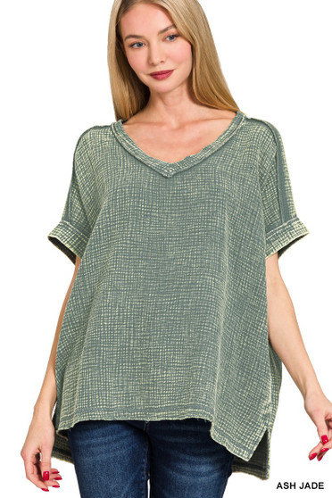 Zenana Acid Washed Double Gauze V-Neck Tee