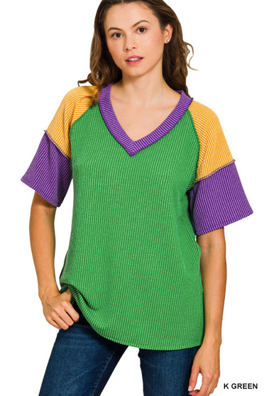 Zenana Mardi Gras Raised Rib Color Block Top