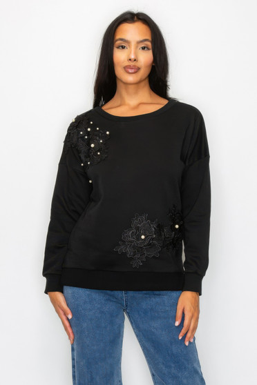 Faux Pearl Beaded Floral Patch Crewneck Sweatshirt