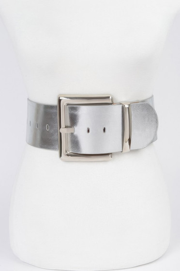 Oversized Metal Buckle Metallic Pu Waist Belt 