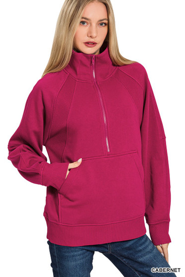 Zenana Half Zip Fleece Sweatshirt with kangaroo Pocket