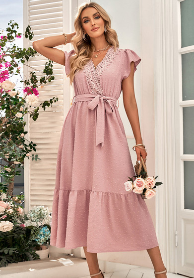 Women spring and summer solid color lace v-neck dress