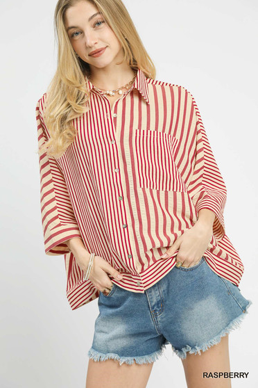 Umgee Mixed Stripe Oversized Button Down Top