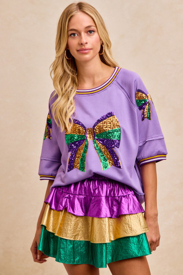BiBi Mardi Gras Theme Ribbon Sequin Patched Top