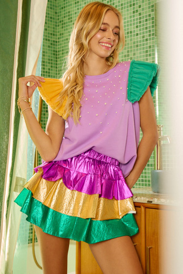 BiBi Mardigras Theme Frayed Edge Ruffled Top