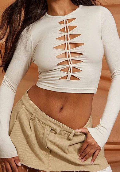 Women Cutout Lace-Up Long Sleeve Crop T-Shirt