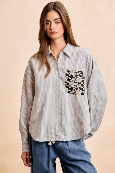 BiBi Flower Jacquard Knit Patch Pocket Stripe Shirt
