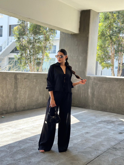 Casual Wide Leg Pants & Long Sleeve Front Tie Set​