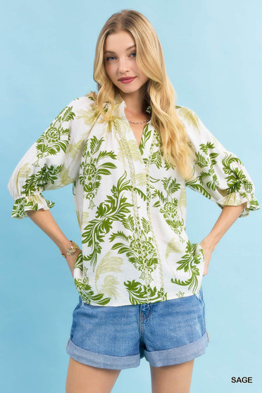Umgee Leafy Damask Print Blouse with Contrast Scalloped Trim Detail