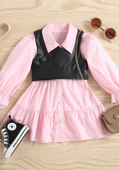 Baby Girl pink shirt dress + black pu Leather vest Two Piece