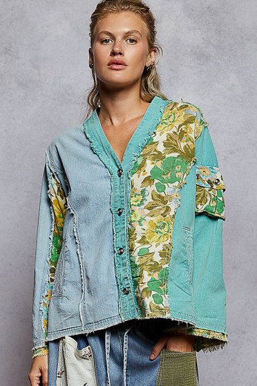POL Button Down Floral V-Neck Long Sleeve Raw Hem Top