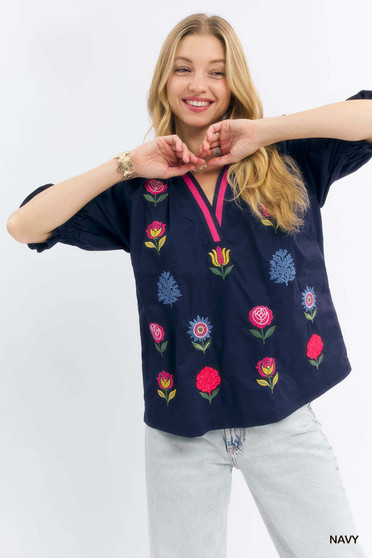 Umgee Embroidered Floral Top with Contrast Trim