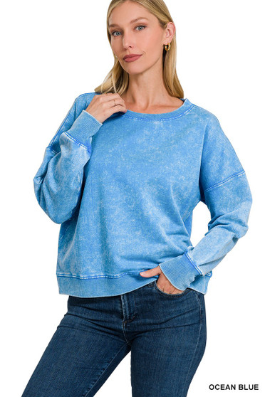 Zenana French Terry Acid Wash Boat Neck Sweatshirt