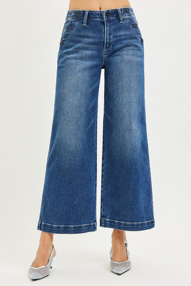 RISEN High Rise Wide Leg Jeans With Pocket Button Detail