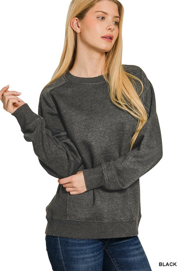 Zenana Acid Washed Fleece Sweatshirt with Side Rib