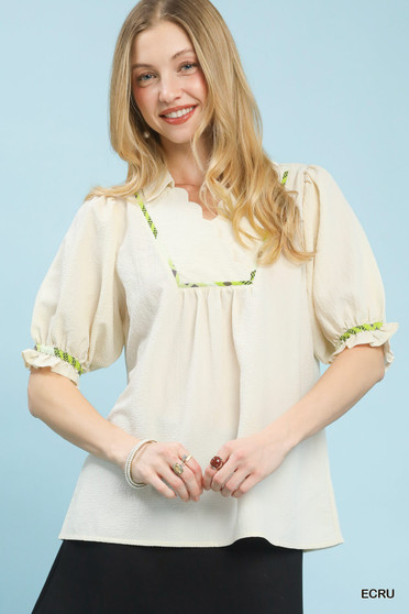 Umgee Scalloped Trim Blouse with Puff Sleeves