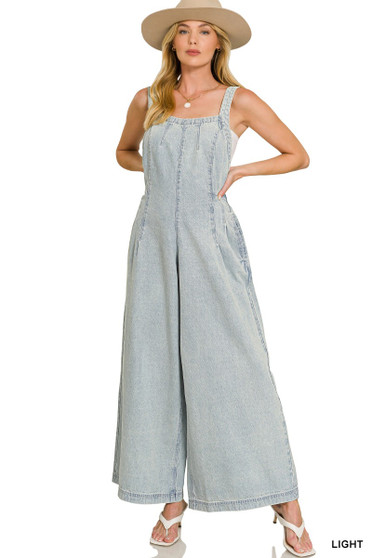 Zenana Denim Light Washed Wide Leg Overalls