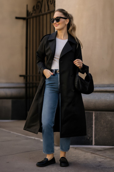 Solid Long Sleeve Trench Coat Woman Lined​​​​