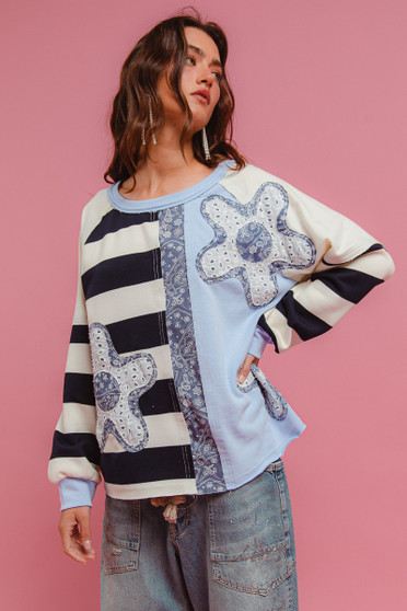 BiBi Patchwork Striped Round Neck Sweatshirt