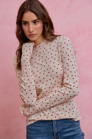 SO ME Ditsy Heart All Over Slub Rib Knit Valentine Top
