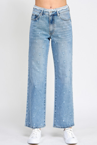 High Rise Dad Jeans W/ Fringe Waistband Detail