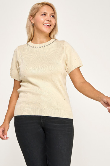 Plus Size Pearl & Rhinestone Knit Sweater Top​