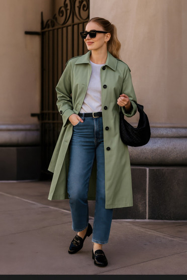 Solid Long Sleeve Trench Coat Woman Lined​​​