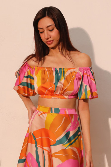 Isla Tropical Satin Bubble Sleeve Crop Top​