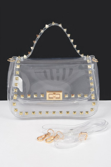 Transparent Metal Studded Top Handle Bag