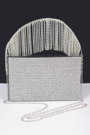 Rhinestone Box Clutch W/Rhinestone Fringe Handle
