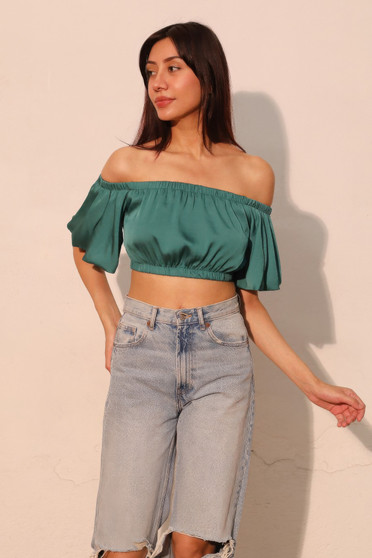 Washed Poly Silk Bubble Sleeve Crop Top​