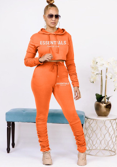 Women'S Solid Color Letter Print Hoodies Ruched Pants Two Piece Tracksuit