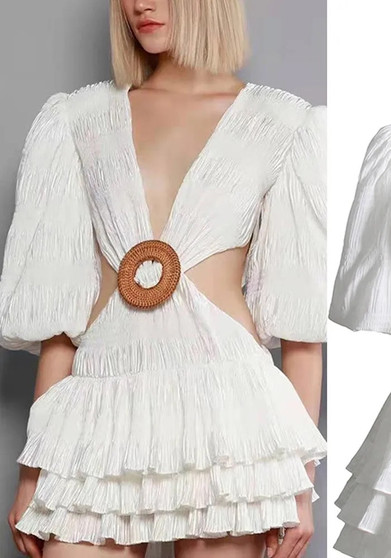 Women French Vintage Fall Cut Out V-Neck Balloon Sleeve Sexy Mini Dress in Polyester & Spandex for Spring Autumn Winter