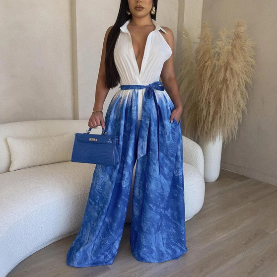 Women Sexy Print Shirt Collar Wide Leg Lace-Up Jumpsuit