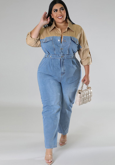 Plus Size Women's Denim Contrast Jumpsuit