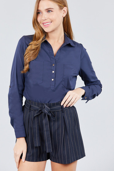 3/4 Roll Up Sleeve Front Two Pocket W/Button Detail Stretch Shirt