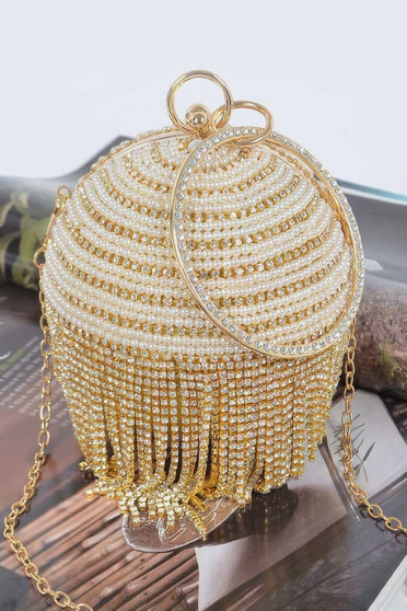 Round Rhinestone Fringe Bag W Faux Pearl​